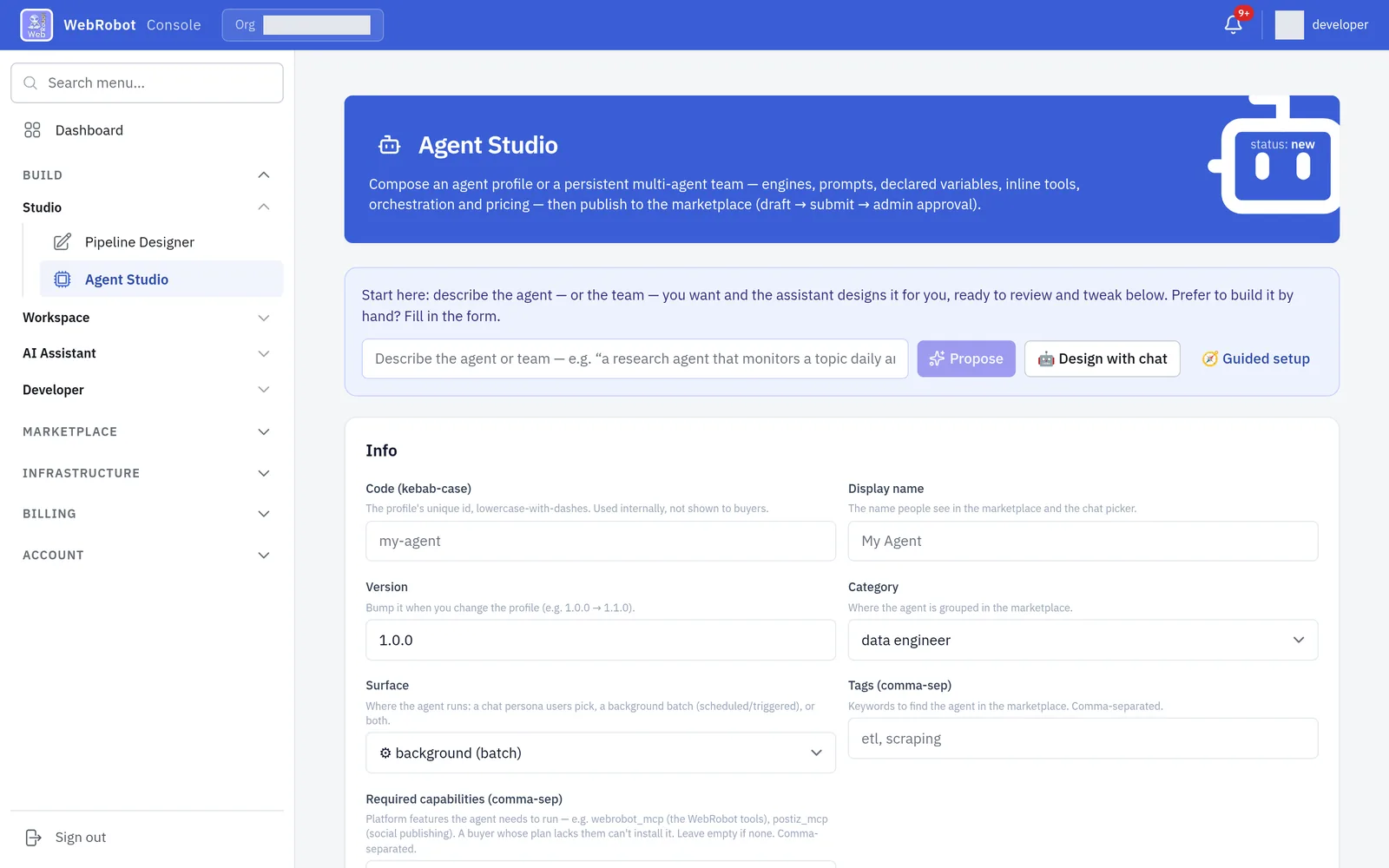 Agent Studio in the WebRobot console