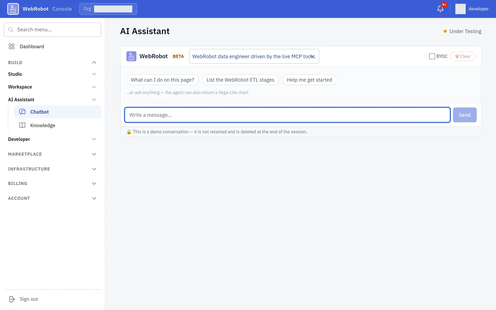 The AI Assistant in the WebRobot console