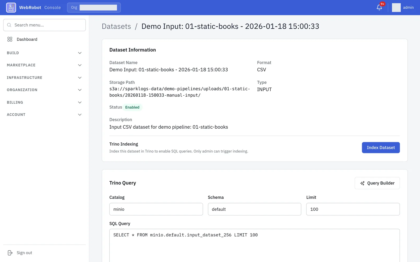 Dataset detail with SQL query in the WebRobot console