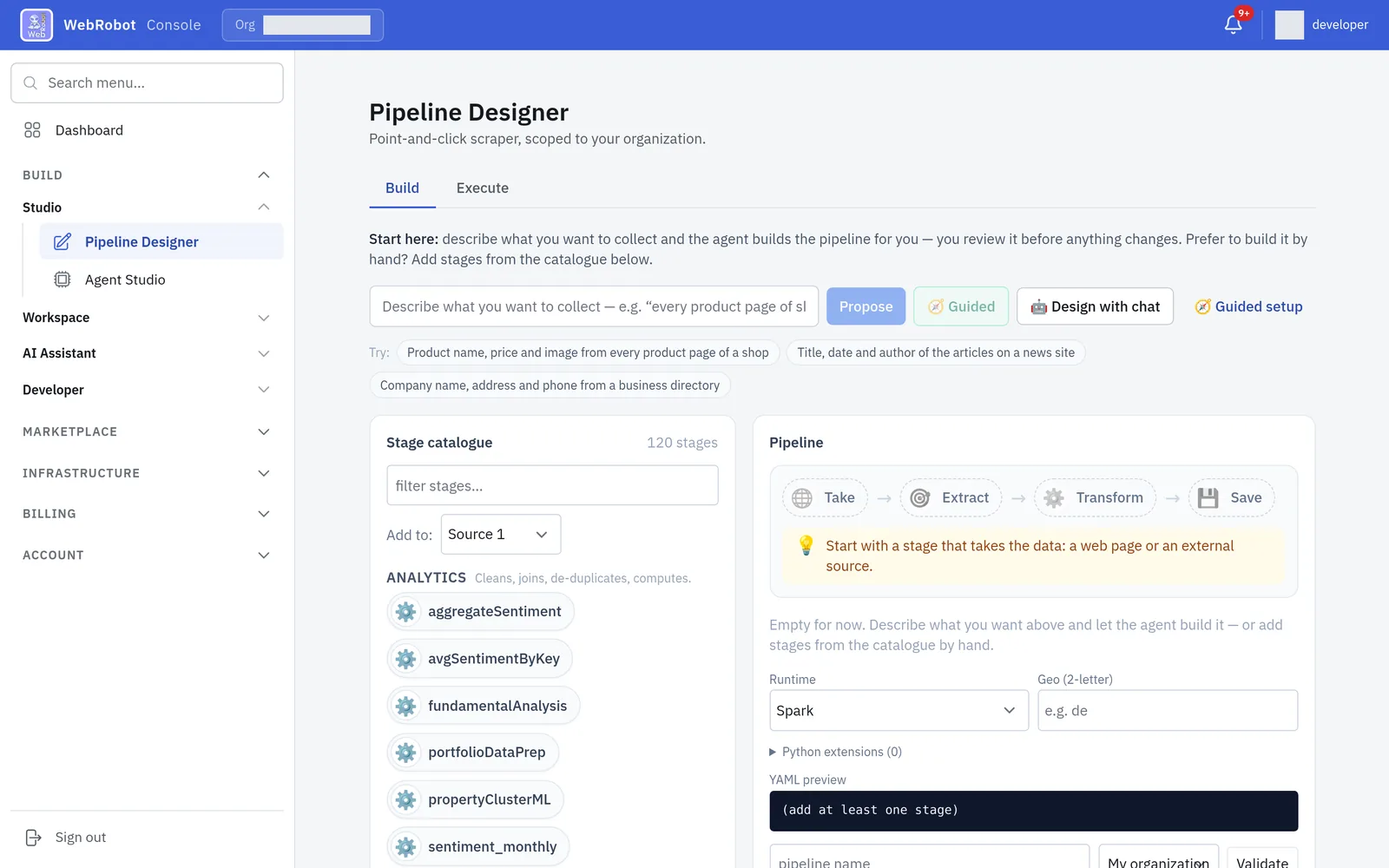 Pipeline Designer in the WebRobot console